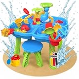 Sand- und Wasserspieltisch NARIUS M, 4 separate Wasserbecken, 1 Hocker, Wassertisch Kinder Outdoor für Wasserspiele draußen, Balkon und Garten, Matschtisch mit Sandkastenspielzeug, Eimer, Schaufel