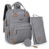 Dikaslon Wickeltasche Rucksack – Großer Wickelrucksack mit viel Stauraum, Wickeltasche groß mit Schnullerhalter, Wickelauflage & Kinderwagengurten – für Mama & Papa (Grau, Einheitsgröße)