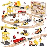 Lehoo Castle Holzeisenbahn, 68 Pcs Eisenbahn Holz mit Kran Spielzeug, Eisenbahn Kinder Elektrisch, Holz Eisenbahn Kinder mit Bagger