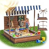 MAMIZO Sandkasten mit Abdeckung, Holz Sandbox Outdoor für Kinder 3-10 Jahre, Sandkasten mit Dach,Tafel&Wasserhahn, Sandkiste mit 2 Becken für Garten, Strand&Balkon, Schwarzer Vliesboden,100x111x105 cm