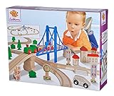 Eichhorn – Schienenbahn mit Brücke – 55-teiliges Holzeisenbahn-Set für Kinder ab 3 Jahren, mit Brücke, Zug, Kirche, Holzauto, uvm., 500 cm Streckenlänge