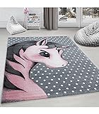Kinderteppich Kinderzimmer Teppich Einhorn Muster Grau-Weiß-Pink - 160x230 cm