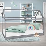 ML-Design Kinderbett 90x200 cm mit Dach und Lattenrost, Hellgrau, Hausbett für Mädchen und Jungen, Kinderhaus aus massivem Kiefernholz, Stabiles Jugendbett, Massivholz Kinder Bett Bettenhaus Spielbett