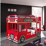 Vipack SCBBLB Autobett London Bus Etagenbett, Circa 215 x 132 x 100 cm, 2 Liegeflächen 90 x 200 cm, lackiert aufgedruckte London-Bus Optik, rot