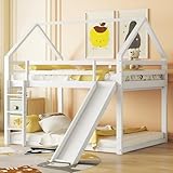 Kinderbett 140x200 Etagenbett für 2 Kinder, Hausbett Hochbett mit Rutsche und Leiter, Holzbett mit Rausfallschutz & Lattenrost, Multifunktionsbett Doppelbett Stockbett Jugendbett, Ohne Matratze, Weiß