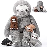 5 Stück Faultier Kuscheltiere Set 1 Mama Faultier Stofftier mit 4 Niedlich Plüschbabys in Ihrem Bauch 32 cm Weich Kuschelig Pflegend Faultier Plüschtier zum Geburtstag Geschenke (Grau)