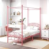 ARFARLY Himmelbett Bettgestell Doppelbett Metallbett Bettrahmen Lattenrost Schlafzimmerbett Schlafzimmermöbel Ehebett Rosa 90x200cm