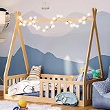 Bellabino Tajo Tipi-Bodenbett für Kinder 70x140 cm, Indianer Hausbett aus Kiefer Massivholz mit Rausfallschutz/Zaun und Lattenrost in Natur für Kinder ab 3 Jahre