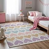 the carpet Beat Kids Moderner Weicher Kinderteppich, Weicher Flor, Pflegeleicht, Farbecht, Herzchen Muster, Creme Bunt, 160 x 220 cm