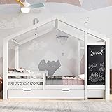 FEZTOY Kinderbett Hausbett 90 x 200 cm, Holzbett mit Tafel und 2 Schubladen, Massivholz mit Zaun und Lattenrost, Weiß (ohne Matratze)