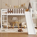 Rvjiahe Hochbett, Mit Dach und Fenster, Mit dreistufiger gerader Leiter, Jugendbett, Kinderbett mit Rutsche, Kiefer+MDF, Weiß+Walnuss, 90x200cm