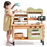 ROBUD Matschküche Kinder Outdoor, Spielküche Holz mit Echtem Wasserhahn, Wasserkocher, Pflanzgefäß, Backofen, Tafel, Kinderküche Holz Geschenke für Mädchen Jungen ab 3 Jahren