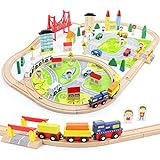 Holzeisenbahn Hölzernes Zugset Holz LKW BAU Spielzeugauto Spielzeug Kinderspielzeug ab 3 Jahre 82pcs DIY Eisenbahn Eisenbahn mit Brücke Kleinkindspielzeug Empfohlen ab 3 4 5 6 Jahren,(MEHRWEG)