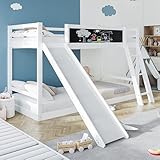 Etagenbett 90x200 cm, Hochbett mit Rausfallschutz, Treppe und Rutschen, Kinderbett mit Tafel und Lattenrost, Doppelbett für Kinder, ohne Matratze, Weiß