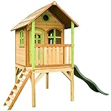 AXI Spielhaus Laura mit grüner Rutsche | Stelzenhaus in Braun & Grün aus FSC Holz für Kinder | Spielturm mit Wellenrutsche für den Garten