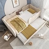 Kebnor Polsterbett Daybett 90x190cm,Tagesbett Schlafsofa mit Ausziehbett 90x190cm, Kinderbett mit Lattenrost, ohne Matratze (Leinen, Beige)