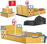KIDIZ® Sandkasten AHOI - Piratenschiff Boot Segelschiff aus Holz Inkl. Abdeckung, Bodenplane, Sitzbank, Flaggenmast, | Große Kinder Sandkiste für den Garten | Outdoor Sandbox Blau