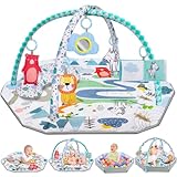 Kinder Interaktive Bildungsmatte mit Bügel Spielmatte mit 5 Sensorspielzeug, Multifunktionsspielbogen für Neugeborene mit 6 abnehmbaren sensorischen Spielzeugen,Krabbeldecken für Babys ab 0+ Monaten