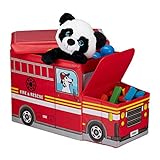 Relaxdays Sitzbox Kinder, Staubox mit Deckel, Spielzeug, faltbar, Feuerwehrauto, Stauraum, Jungen & Mädchen, 50 l, rot
