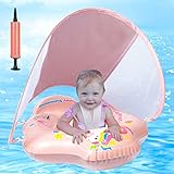 Schwimmring Baby mit Abnehmbarem UPF50+ Sonnendach, Seepferdchen Baby Schwimmring, Verstellbares und Bequemes Kissen mit Aufblasbarer Schwimmboje, für Alter von 3-36 Monaten.(Rosa)