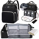 LEcylankEr Wickelrucksack mit Babybett - Große Wickeltasche Rucksack mit Wickelauflage & Isoliertasche & Moskitonetz & USB-Ladeanschluss (Schwarz)