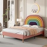 Azkoeesy Polsterbett 140 x 200 cm mit Lattenrost, Regenbogenform Kopfteil, Mädchenbett, Doppelbett, Jugendbett, Kinderbett, Samt-bezug, Rosa