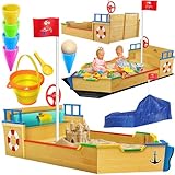 KIDIZ® Sandkasten AHOI - Piratenschiff Boot Segelschiff aus Holz Inkl. Abdeckung, Bodenplane, Sitzbank, Flaggenmast, Spielzeuge | Große Kinder Sandkiste für den Garten | Outdoor Sandbox Bunt