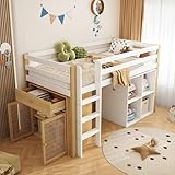 Kinderbett Hochbett 90x200, mit 2 Aufbewahrungsschrank und Leiter, Platzsparendes Kinder Etagenbett Jugendbett Holzbett Bettrahmen mit Rausfallschutz und Lattenrost, stabiles Massivholz, Natur&Weiß