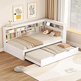 Plattformbett mit Ausziehbett 90x200cm(90x190cm), Ausziehbares Schlafsofa Tagesbett mit Bücherregal & USB Ladefunktion, Multifunktionsbett Gästebett Daybett Kinderbett Jugendbett, Ohne Matratze, Weiß