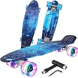 BELEEV Skateboard Komplette 22 Zoll Mini Cruiser Skateboard für Kinder Jugendliche Erwachsene, Led Leuchtrollen mit All-in-one Skate T-Tool für Anfänger