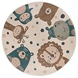 Hanse Home Adventures Kinderteppich Rund - Tiere Muster Löwe Bär Teppich Junge Mädchen für Kinderzimmer, Spielzimmer, Jugendzimmer, Wohnzimmer - Creme Braun Blau, 140cm