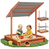 Spielwerk® Sandkasten Sami Sonnendach 120x120cm imprägniertes Holz Füllstand Skala UV 50+ Kantenschutz Bodenvlies Sandspielzeug Kinder Sandbox Sandkiste
