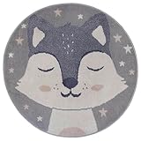 Hanse Home Adventures Kinderteppich Rund - Fuchs Muster, Tier Sterne Muster Teppich Junge Mädchen für Kinderzimmer, Spielzimmer, Jugendzimmer, Wohnzimmer - Grau Creme, 100cm