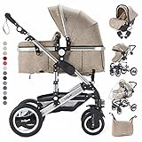 Daliya® Bambimo 3in1 Kinderwagen Riesenset 15-Teilig Kombikinderwagen Babywanne, Buggy, Babyschale mit Fußsack, Alu-Rahmen, Voll-Gummireifen, Wickeltasche, Kindertisch - Khaki