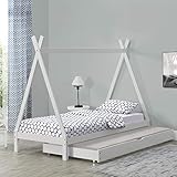 [en.casa] Kinderbett Cree mit Ausziehbett 90x200cm Tipi Indianer Bett Kojenbett Gästebett Hausbett Kinder Haus Weiß