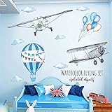 WandSticker4U®- Vintage Wandtattoo FLUGZEUG & HEIßLUFTBALLON blau I Wandbilder: 82x71 cm I Wandsticker Jugendliche Teegenar Junge Aquarell I Wand Aufkleber Kinderzimmer Deko Jungs