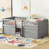 Merax Kinderbett 90x200 cm, Funktionsbett mit Stauraum, Holzbett mit Lattenrost & 4 Schubladen, Jugendbett mit Leiter und Rausfallschutz - Kiefer massivholz, ohne Matratze, Grau