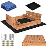 SPRINGOS Holz-Sandkasten mit Sitzbänken 120 x 120 cm Extra Vlies für Sandkästen und Abdeckplane Imprägniertes Holz Kinder-Sandkasten Spielplatz