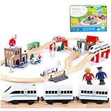 Green series Holzeisenbahn Set für Kinder - Eisenbahn Holz | Spielzeug Zug | Polizeistation, Autobahn und Bahnset mit Brücke, 80 Teilen, 378 cm lang | Holz Eisenbahnen | Holzzug | Modell GS0010