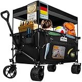 Faltbarer Bollerwagen Handwagen Transportkarre; Strand-Buggy bis 90L&150kg; XXL Geländeräder mit Bremse; Leiterwagen; Camping-Wagen für Strand, Garten & Outdoor; Verstellbarer Griff & Tasche (Schwarz)