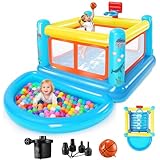 Aufblasbare Hüpfburg für Kinder von 3–6 Jahren, kleines PVC-Hüpfburg-Spielhaus mit Hüpfkissen, herausnehmbarem Bällebad, Basketballkorb und Hüpfspiel, inklusive Luftpumpe