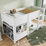 Kinderbett, Hochbett 90x200 mit Leiter, Etagenbett mit Wandtafel & Kleiner Ablage, Spielbett, Hausbett, Stockbett, Holzbett, Bettgestell, Jugendbett, Weiß