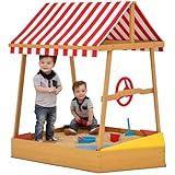 AIYAPLAY Sandkasten aus Holz für Kinder, Sandkasten mit Deckel, UV-Schutzdach, Sandkasten in Form eines Bootes, Sitze, Ruder und Boden aus Vliesstoff, 133 x 101 x 141 cm, Gelb