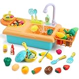 cute stone Küchenspüle Spielzeug Set mit fließendem Wasser,Spülbeckenspielzeug mit verbessertem elektrischen Wasserhahn, Spielküchenzubehör, Kochherd, Gemüsegartenspielzeug, Geschenk für Kinder ab 3