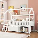 Kinderbett 90x200 cm mit Rausfallschutz, Kinder Hausbett mit Schubladen und Ablagefächern, Stabiles Holz Baumhausbett mit Lattenrost, Spielbett Haus Bett aus Kiefernholz für Jungen & Mädchen, Weiß