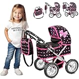 Kinderplay Puppenwagen für Kinder – Leicht & Stabil – Griff höhenverstellbar 33–63 cm – Für Puppen bis 41 cm – Leise Schaumräder – Waschbarer Stoff – Klappbares Verdeck