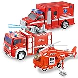 JOYIN 3 in 1 Reibungsgetriebenes Feuerwehr Spielzeug, Rettung Fahrzeug LKW Auto Set mit Hubschrauber, Krankenwagen und Feuerwehrauto mit Licht und Ton, Geschenk für Kinder Jungen