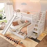 ZYLOYAL10 90 x 200 über 140 x 200 Etagenbett mit Schubladen und Rutsche, Hochbett Kinderbett mit Treppe, Stauraumbett, Multifunktionales Kinderbett, Jugendbett