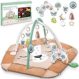 Interaktiv 5in1 Spielbogen Baby Mädchen Junge – Baby Krabbeldecke mit Spielbogen Babies – Baby Spieldecke Play Mat – Activity Decke Spielmatte Baby Schadstofffrei – Löwe Kindermatte XXL Nukido Braun
