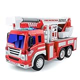 GizmoVine Feuerwehrauto, Feuerwehr Auto Reibungskraft Spielzeug Auto mit Leiter, Licht & Sound, Baufahrzeug für Jungen Mädchen 2 3 4 Jahre